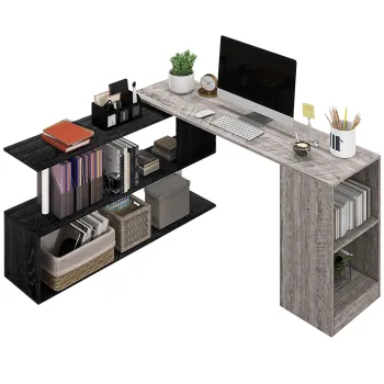 HOMCOM Birou de Colt cu Raft in Forma de S, Birou Modern din Lemn, 140x120x78 cm, Gri | Aosom Romania imagine