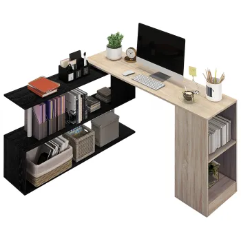 HOMCOM Birou de Colt cu Raft in Forma de S, Birou Modern din Lemn, 140x120x78 cm, Lemn Natural | Aosom Romania imagine