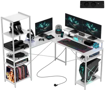 HOMCOM Birou de colt, in forma de L cu priza integrata, suport monitor si raft depozitare, alb | Aosom Romania imagine