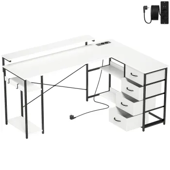 HOMCOM Birou de Colt in L, 155 cm, Reversibil, 4 Sertare Textile, Prize de Curent | Aosom Romania imagine