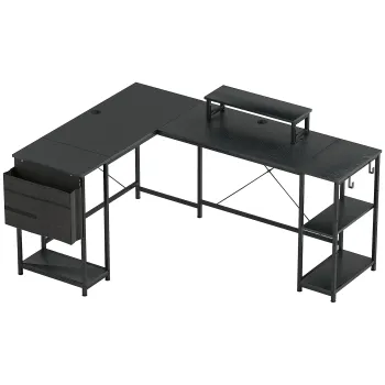 HOMCOM Birou de colt modular reversibil 168-240 cm stil industrial - raft reglabil, punga de depozitare, suport pentru ecran | Aosom Romania imagine