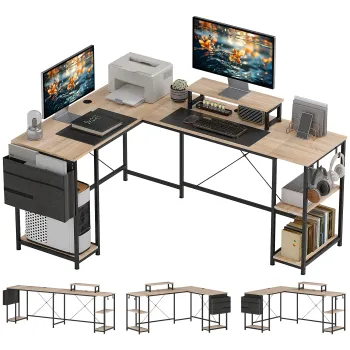 HOMCOM Birou de colt modular reversibil 168-240 cm stil industrial, raft reglabil, sac de depozitare, suport pentru ecran | Aosom Romania imagine