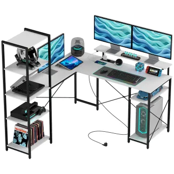 HOMCOM Birou de Colt pentru Computer in Forma de L cu Biblioteca, 137x140x139,5 cm, Negru | Aosom Romania imagine