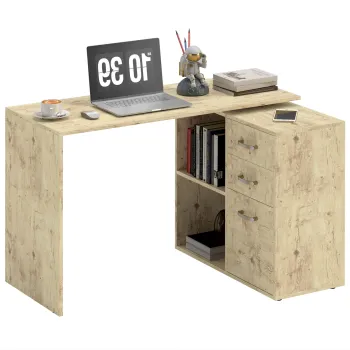 HOMCOM Birou de Colt pentru PC cu 2 Sertare si Rafturi Deschise, Birou de Colt in Forma de L, 117x83,5x76 cm, Lemn Natural | Aosom Romania imagine