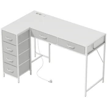 HOMCOM Birou de Colt Reversibil cu Prize si Porturi USB, 126x48 cm, Birou in Forma de L cu 6 Sertare din Material Textil, Carlig Lateral, pentru Computer, Birou, Camera, Alb | Aosom Romania imagine