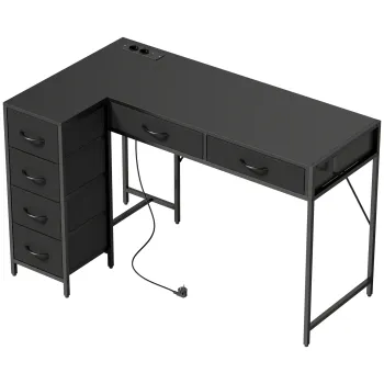 HOMCOM Birou de Colt Reversibil cu Prize si Porturi USB, 126x48 cm Birou in Forma de L cu 6 Sertare din Material Textil, Carlig Lateral, pentru Computer, Birou, Camera, Negru | Aosom Romania imagine