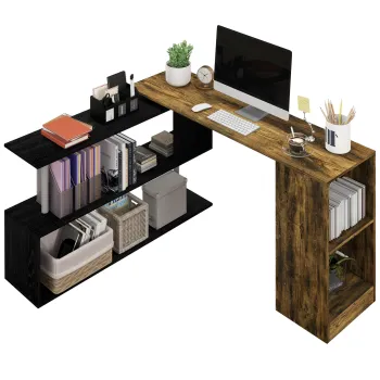 HOMCOM Birou de Colt Spatiu Economic cu Raft in Forma de S, Birou Modern din Lemn, 140x120x78 cm, Maro Rustic | Aosom Romania imagine