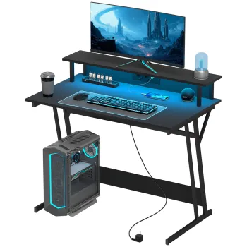 HOMCOM Birou de Gaming cu Lumini LED si Suport pentru Monitor, Masa Gaming cu Port USB si TYPE C, 100x60x88,5 cm, Negru | Aosom Romania imagine