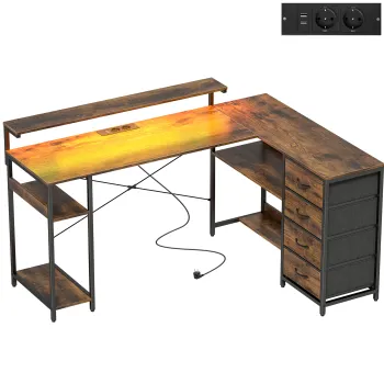 HOMCOM Birou de gaming in forma de L cu priza integrata, iluminare LED, 4 sertare, suport monitor 155x110x91,4 cm Maro | Aosom Romania imagine