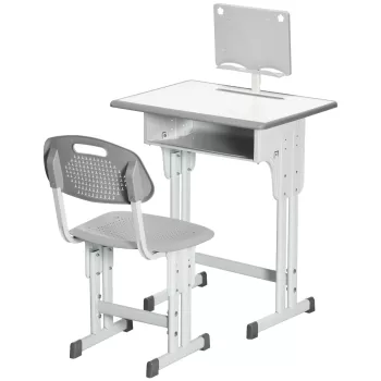 HOMCOM Birou de scoala cu scaun pentru copii 6-12 ani reglabil pe inaltime, pupitru si suport pentru stilou, otel si MDF, gri | AOSOM RO imagine
