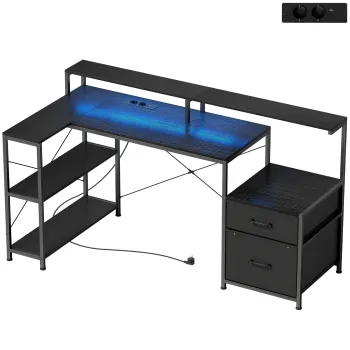 HOMCOM Birou Gaming in forma de L cu prize multiple, LED-uri, 165x80 cm, birou PC cu 2 sertare din material textil, 2 rafturi deschise, masuta laterala si 2 suporturi monitor, din PAL si otel, Negru | Aosom Romania imagine