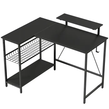 HOMCOM Birou gaming reversibil, birou de colt, suport pentru monitor, etajera din plasa reglabila, 114,5x82x91,5cm, negru | Aosom Romania imagine