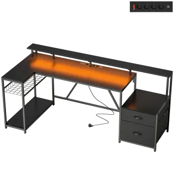 HOMCOM Birou Gaming Reversibil in Forma de L cu LED, Birou Coltar 192,5 cm cu Prize Electrice, Suport Monitor si CPU, 2 Sertare din Material Textil pentru Documente A4/Legal, pentru Acasa sau Birou, Negru | Aosom Romania imagine