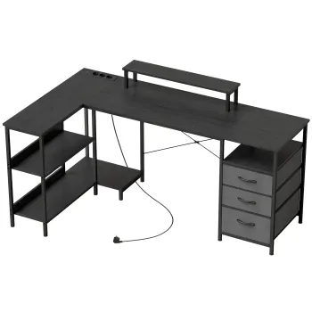 HOMCOM Birou in forma de L, birou coltar reversibil cu sertare si rafturi, 170 cm, Negru | Aosom Romania imagine