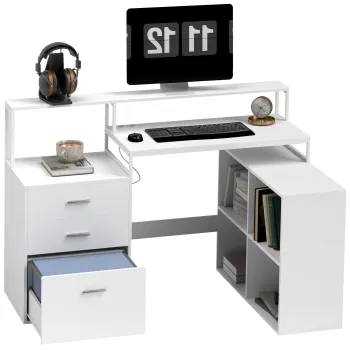 HOMCOM Birou in Forma de L cu Prize de Curent, Sertar si Suport pentru Monitor, 138,5x90x92 cm, Alb | Aosom Romania imagine