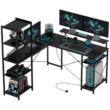 HOMCOM Birou in forma de L cu Statie de Incarcare, Birou de colt pentru calculator cu Suport pentru Monitor si Rafturi, pentru biroul acasa, birou, Negru | Aosom Romania imagine