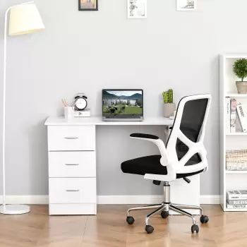 Homcom Birou modern cu 3 Sertare si Rafturi in Lemn Alb 120x49x72cm imagine