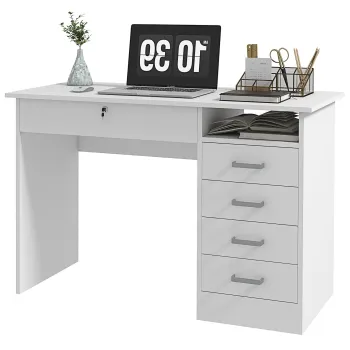 HOMCOM Birou Modern cu 5 Sertare, Birou cu Sertar care Poate fi Incuiat, Compartiment Deschis pentru Biroul de Acasa si Studiu, 110x50x76 cm, Alb imagine