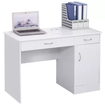 HOMCOM Birou Modern pentru PC si Computer cu 2 Sertare si 1 Dulap pentru Birou sau Camera din Lemn Alb imagine