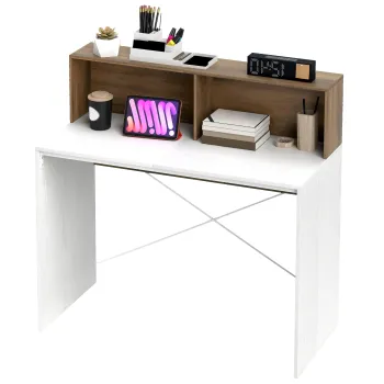 HOMCOM Birou PC pentru Studiu cu Blat Inaltat si 2 Rafturi, 110x50x102.6 cm, Alb si Maro Nuc | Aosom Romania imagine