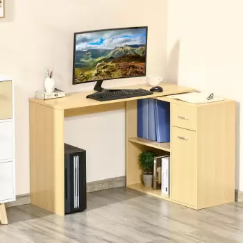 Homcom Birou pe Colt cu 2 Rafturi si 2 Sertare, Culoare Lemn Stejar, 117x82x74cm  imagine