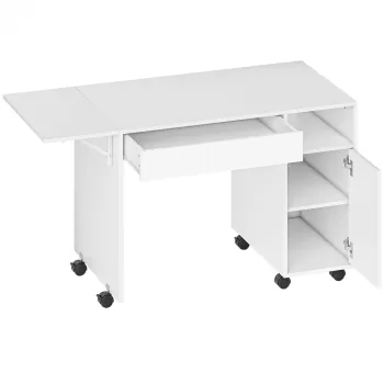 HOMCOM Birou pe roti pentru calculator, masa pentru calculator cu blat rabatabil, sertar, dulap si compartiment, 130 x 58 cm, alb | Aosom Romania imagine