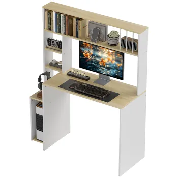 HOMCOM Birou pentru Computer cu Etajera si Rafturi Deschise, 113x45x138,5 cm, Alb | Aosom Romania imagine