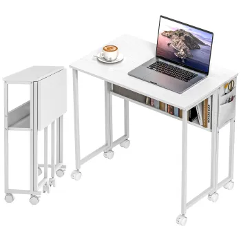 HOMCOM Birou pliabil 80cm, raft, roti, alb | Aosom Romania imagine