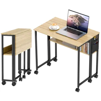 HOMCOM Birou pliabil pe roti 80 x 50 cm cu raft si geanta de depozitare, stejar | Aosom Romania imagine