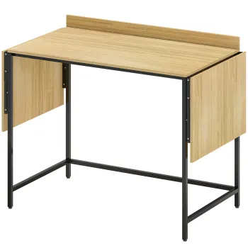 HOMCOM Birou pliabil pentru calculator cu 2 blaturi extensibile, mult spatiu pentru monitoare, picioare metalice, constructie robusta, Stejar+Negru | Aosom Romania imagine