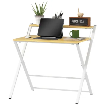 HOMCOM Birou Pliabil pentru Spatii Mici, Birou Pliabil pentru Computer cu Raft de Depozitare, 86x66x82 cm, Lemn Natural | Aosom Romania imagine