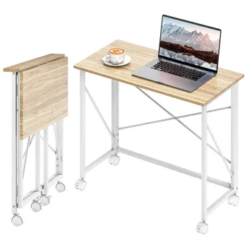 HOMCOM Birou pliant masa de calculator 80 x 40 cm pe roti pentru birou la domiciliu, camera, spatii mici, stejar | Aosom Romania imagine