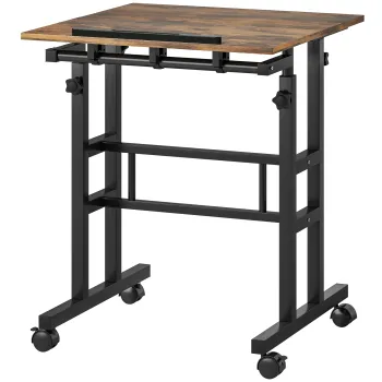 HOMCOM Birou reglabil pe inaltime pentru bucatarie cu raft, roti, birou pentru calculator Maro rustic 60 x 60 x 70,5-120 cm | Aosom Romania imagine