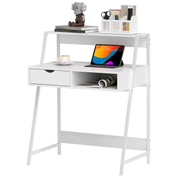 HOMCOM Birou Secretar Birou Calculator Stil neo-retro sertar Zona de depozitare raft metal Alb | Aosom Romania imagine