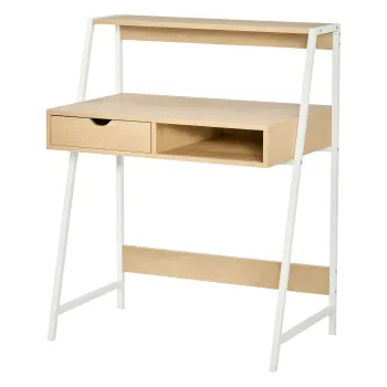 HOMCOM Birou secretar Birou Calculator Stil neoretro sertar Nisa etajera metal alb Aspect stejar deschis | Aosom Romania imagine