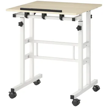 HOMCOM Birou sezut-in-picioare birou reglabil pe inaltime 60 x 60 cm pe roti cu blat inclinabil cadru metalic natural | Aosom Romania imagine