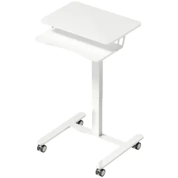 HOMCOM Birou stand reglabil pe inaltime, birou sit-stand mobil cu suport pentru tastatura, roti si cadru din otel, Alb | Aosom Romania imagine
