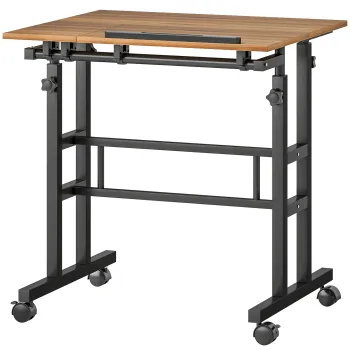 HOMCOM Birou stat jos/in picioare birou reglabil pe inaltime 70 x 60 cm pe roti cu blat inclinat cadru metalic maro | Aosom Romania imagine