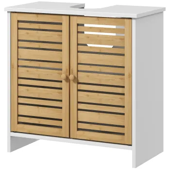 HOMCOM Birou sub vas de baie cu 2 usi etajera reglabila dulap de depozitare pentru chiuveta 60x30x60 cm bambus alb | Aosom Romania imagine