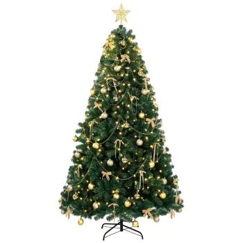 HOMCOM Brad de Craciun Artificial 180 cm cu 240 Lumini LED, 755 Ramuri din PVC, Stea, Globuri, Fundite, Verde | Aosom Romania imagine