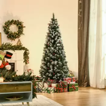 HOMCOM Brad de Craciun Artificial acoperit cu Zapada cu Fructe de Padure Rosii si Conuri de Brad Albe, Baza Detasabila Pliabil, 618 Ramuri, ?65x180cm | AOSOM RO imagine