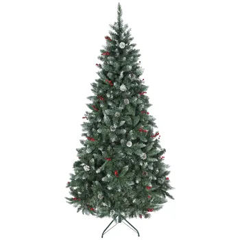 HOMCOM Brad de Craciun Inalt de 210 cm cu 928 de Ramuri, Brad Artificial de Interior cu Conuri si Boabe Rosii Decorative, Baza Metalica, Verde | Aosom Romania imagine