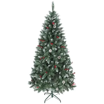 HOMCOM Brad de Craciun Inalt Inzapezit 180 cm cu 620 de Ramuri, Brad Artificial de Interior cu Conuri si Boabe Rosii Decorative, Baza din Metal, Verde | Aosom Romania imagine
