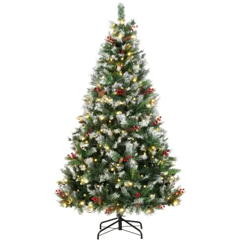 HOMCOM Brad de Craciun Inzapezit 210 cm, 400 de Lumini LED Bicolore, Telecomanda, 11 Modalitati, 1253 de Ramuri, Conuri de Pin, Fructe Rosii | Aosom Romania imagine