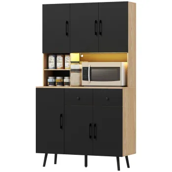 HOMCOM Bufet bucatarie mobilier bucatarie depozitare inalt cu lumina LED RGB plan de lucru 6 usi 2 sertare 100x40x176cm negru | Aosom Romania imagine