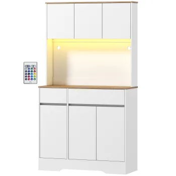 HOMCOM Bufet bucatarie mobilier de bucatarie de depozitare inalt cu lumina LED RGB, blat de lucru, 6 usi, 2 sertare, alb | Aosom Romania imagine