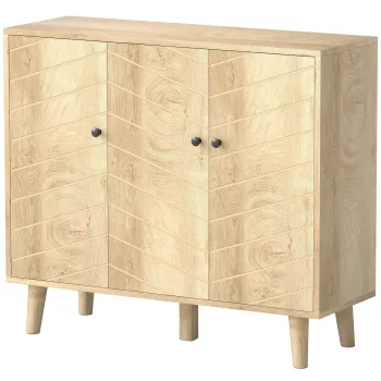 HOMCOM Bufet bucatarie, mobilier de depozitare cu 3 usi cu model Chevron si picioare din lemn de pin, 88,3x30x76cm, lemn natural | Aosom Romania imagine