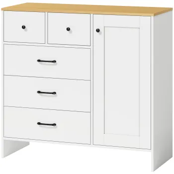 HOMCOM Bufet Bucatarie, Mobilier de depozitare cu 5 sertare si usa, Stil rustic, 100 x 40 x 94 cm, Alb | Aosom Romania imagine