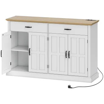 HOMCOM Bufet cu port USB si priza multiplu, mobila TV cu 2 dulapuri cu usi de ferma, 2 sertare si rafturi ajustabile, alb | Aosom Romania imagine