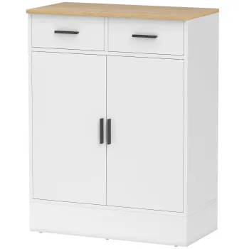 HOMCOM Bufet cu spatiu de depozitare, comoda cu 2 sertare, raft reglabil, pentru bucatarie, living, hol, lemn natural, alb | Aosom Romania imagine